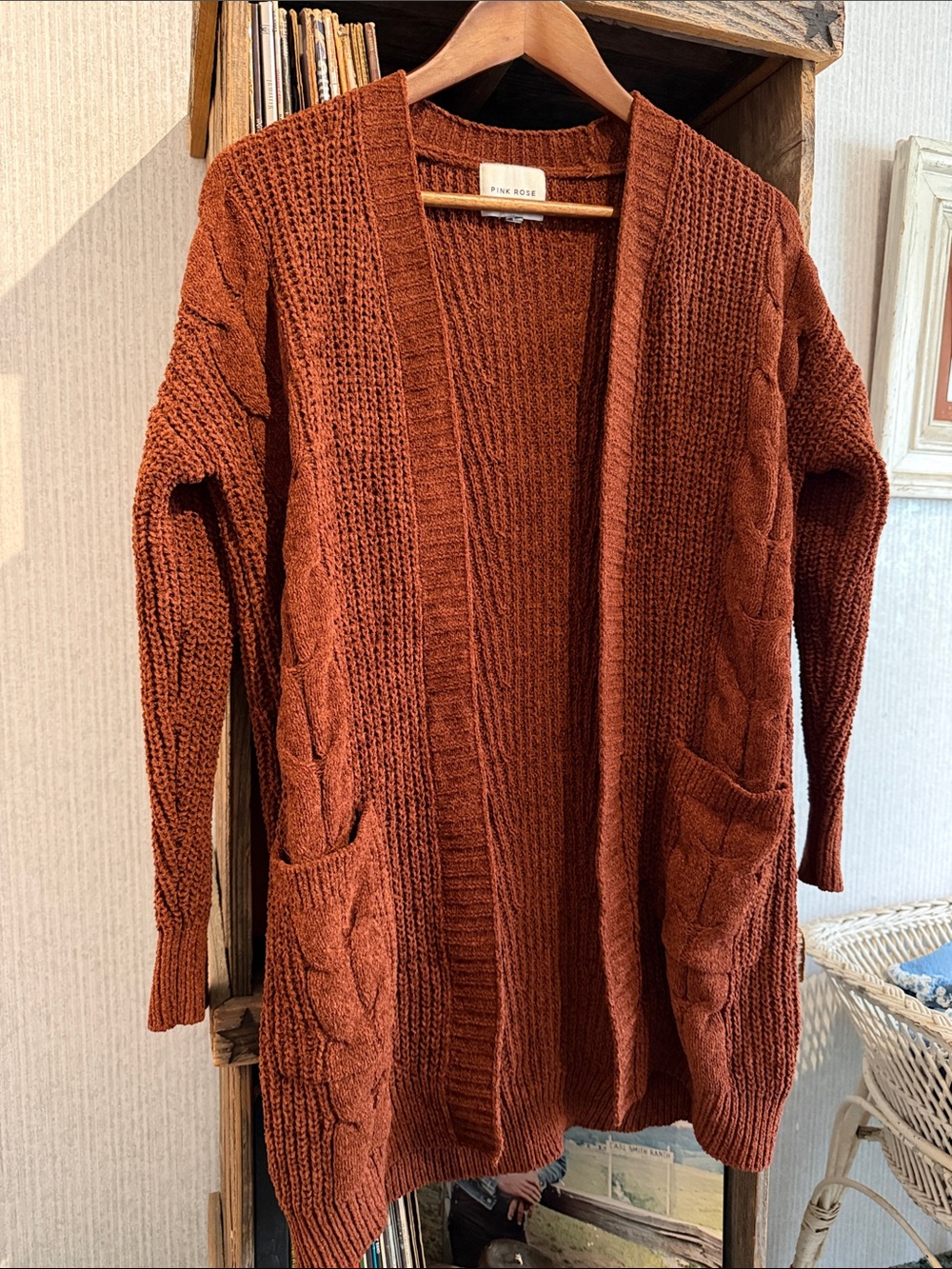 Pink Rose Women's Burnt Orange Open-Front Cable Cardigan